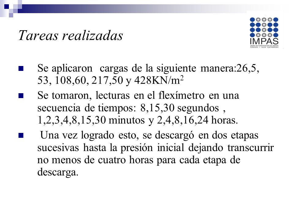 Tareas realizadas Se aplicaron cargas de la siguiente manera:26,5, 53, 108,60, 217,50 y 428KN/m2.
