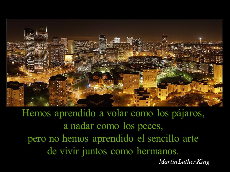 Hemos aprendido a volar como los pájaros, a nadar como los peces, pero no hemos aprendido el sencillo arte de vivir juntos como hermanos.
