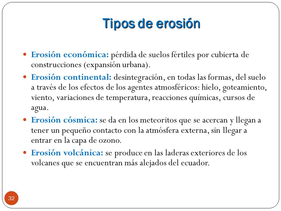 Tipos de erosión Erosión económica: pérdida de suelos fértiles por cubierta de construcciones (expansión urbana).