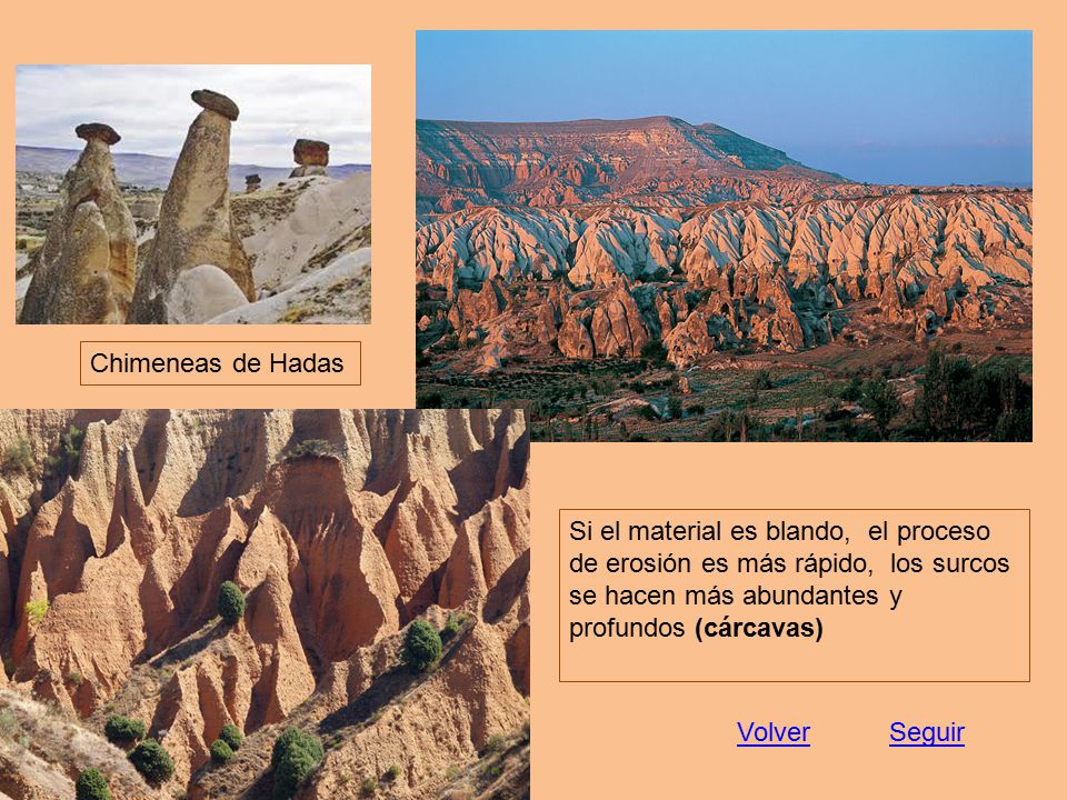 Chimeneas de Hadas Si el material es blando, el proceso de erosión es más rápido, los surcos se hacen más abundantes y profundos (cárcavas)