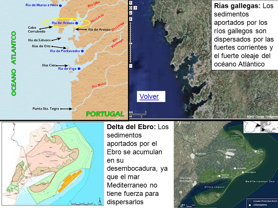 Rías gallegas: Los sedimentos aportados por los ríos gallegos son dispersados por las fuertes corrientes y el fuerte oleaje del océano Atlántico