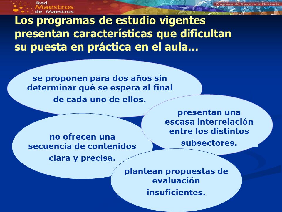 Los programas de estudio vigentes presentan características que dificultan su puesta en práctica en el aula...