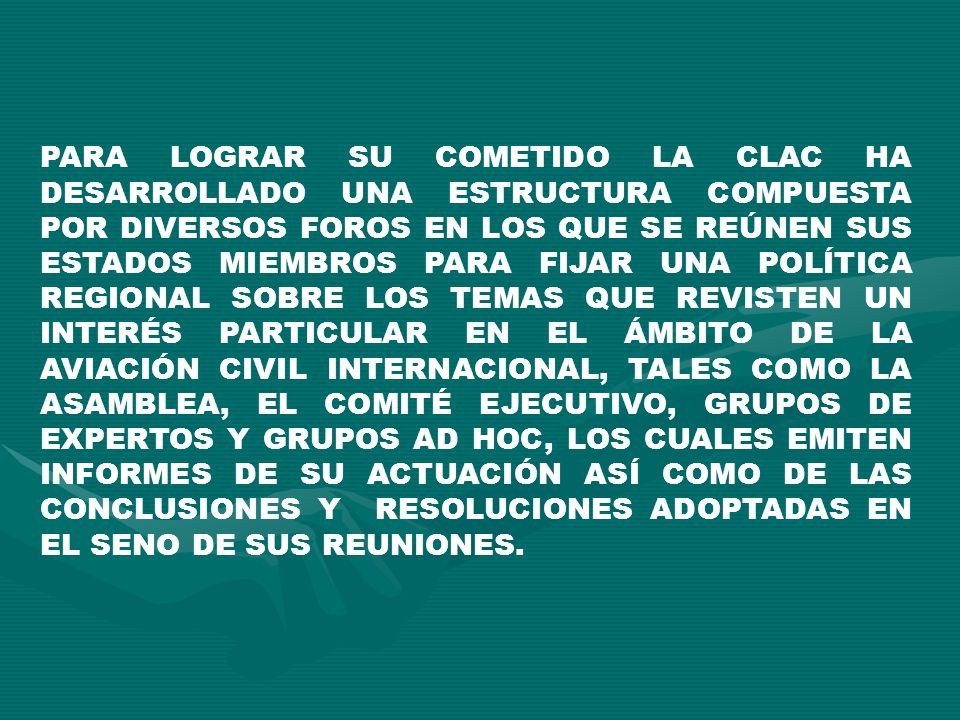 PARA LOGRAR SU COMETIDO LA CLAC HA DESARROLLADO UNA ESTRUCTURA COMPUESTA POR DIVERSOS FOROS EN LOS QUE SE REÚNEN SUS ESTADOS MIEMBROS PARA FIJAR UNA POLÍTICA REGIONAL SOBRE LOS TEMAS QUE REVISTEN UN INTERÉS PARTICULAR EN EL ÁMBITO DE LA AVIACIÓN CIVIL INTERNACIONAL, TALES COMO LA ASAMBLEA, EL COMITÉ EJECUTIVO, GRUPOS DE EXPERTOS Y GRUPOS AD HOC, LOS CUALES EMITEN INFORMES DE SU ACTUACIÓN ASÍ COMO DE LAS CONCLUSIONES Y RESOLUCIONES ADOPTADAS EN EL SENO DE SUS REUNIONES.