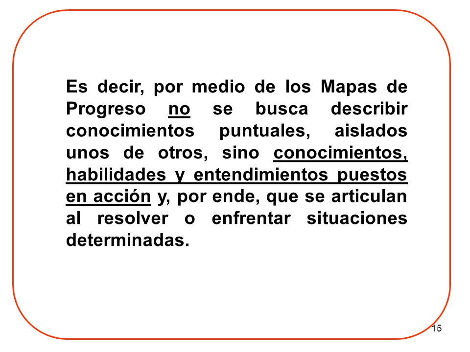 Es decir, por medio de los Mapas de Progreso no se busca describir conocimientos puntuales, aislados unos de otros, sino conocimientos, habilidades y entendimientos puestos en acción y, por ende, que se articulan al resolver o enfrentar situaciones determinadas.