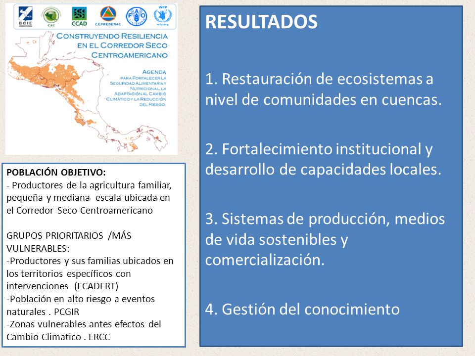 RESULTADOS 1. Restauración de ecosistemas a nivel de comunidades en cuencas. 2. Fortalecimiento institucional y desarrollo de capacidades locales.
