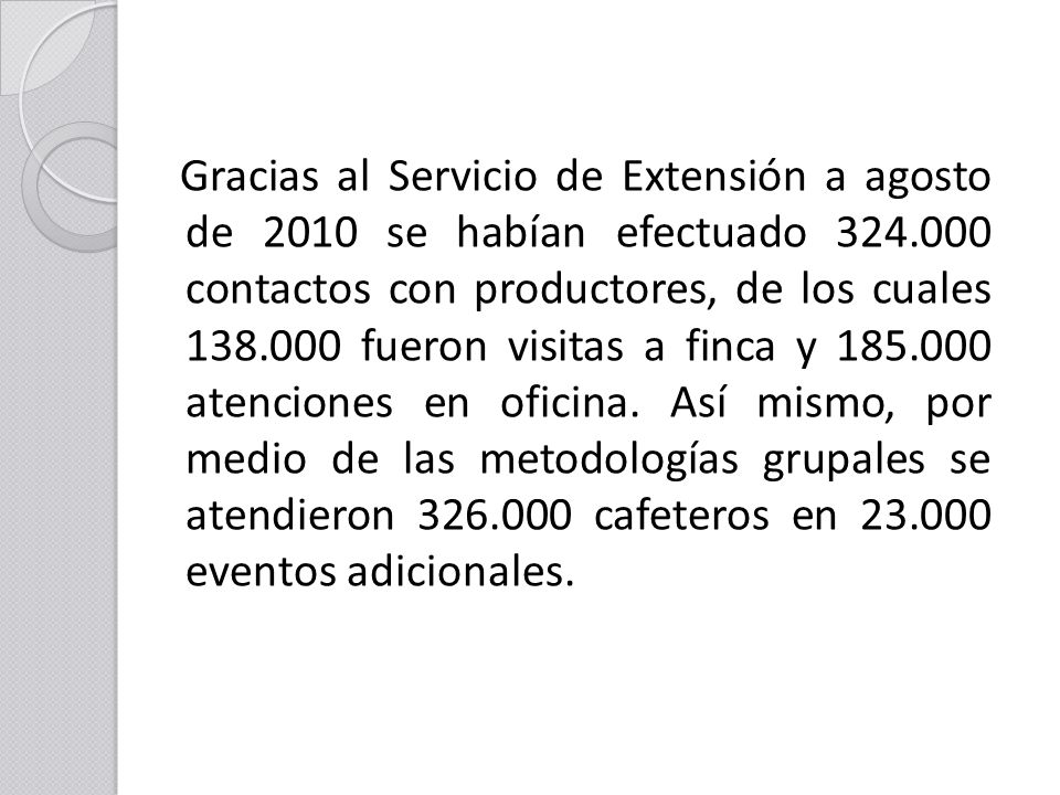Gracias al Servicio de Extensión a agosto de 2010 se habían efectuado contactos con productores, de los cuales fueron visitas a finca y atenciones en oficina.