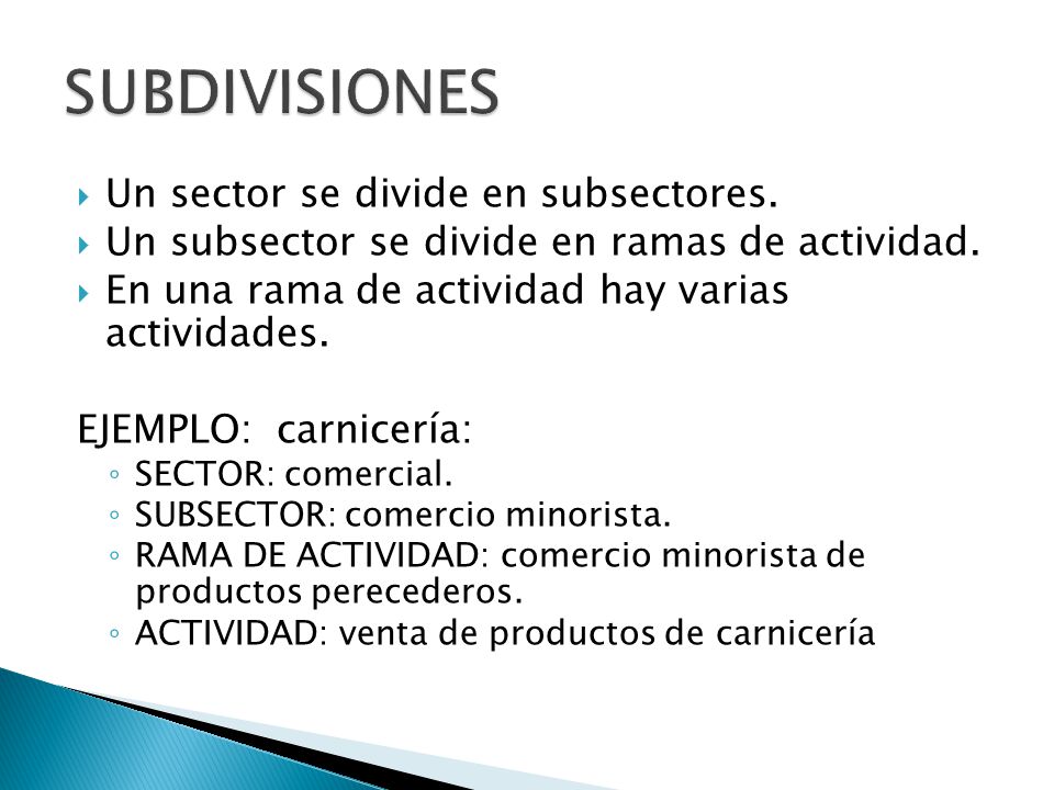 SUBDIVISIONES Un sector se divide en subsectores.