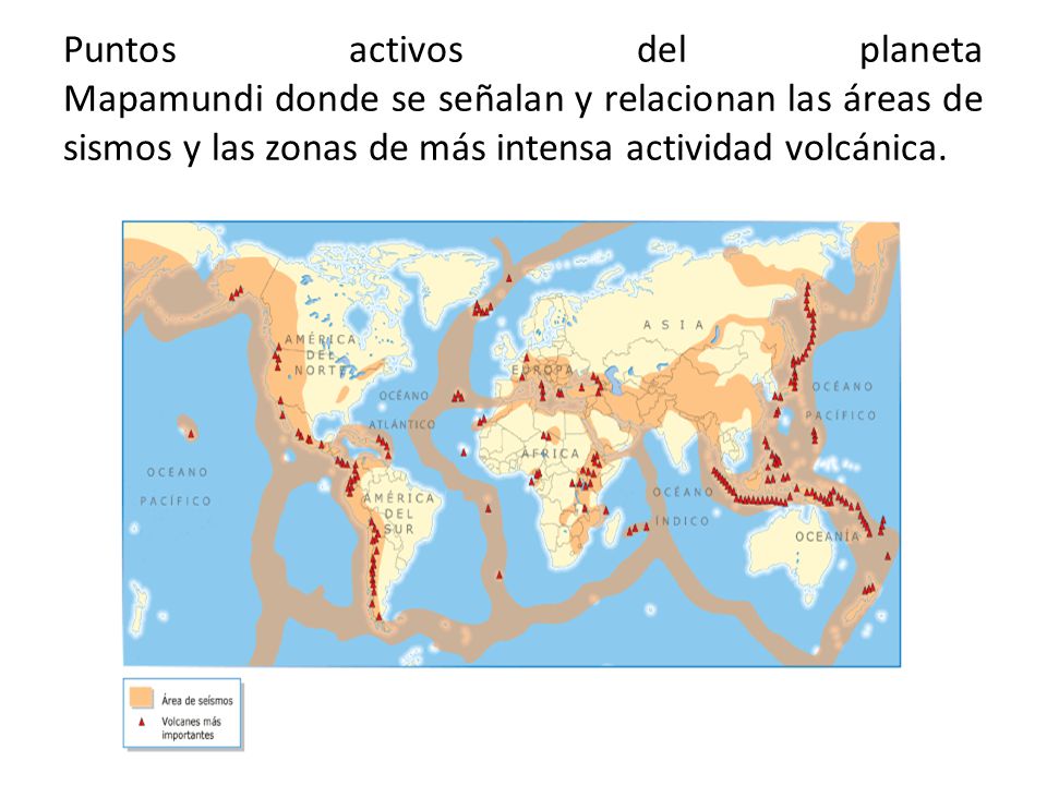 Puntos activos del planeta Mapamundi donde se señalan y relacionan las áreas de sismos y las zonas de más intensa actividad volcánica.