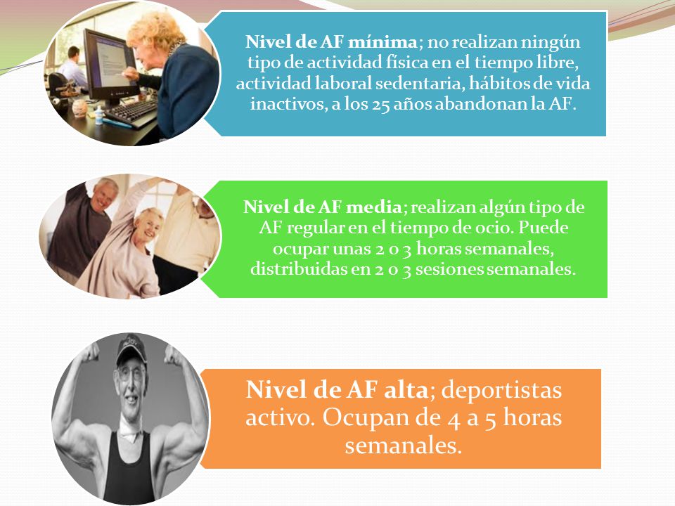 Nivel de AF alta; deportistas activo. Ocupan de 4 a 5 horas semanales.