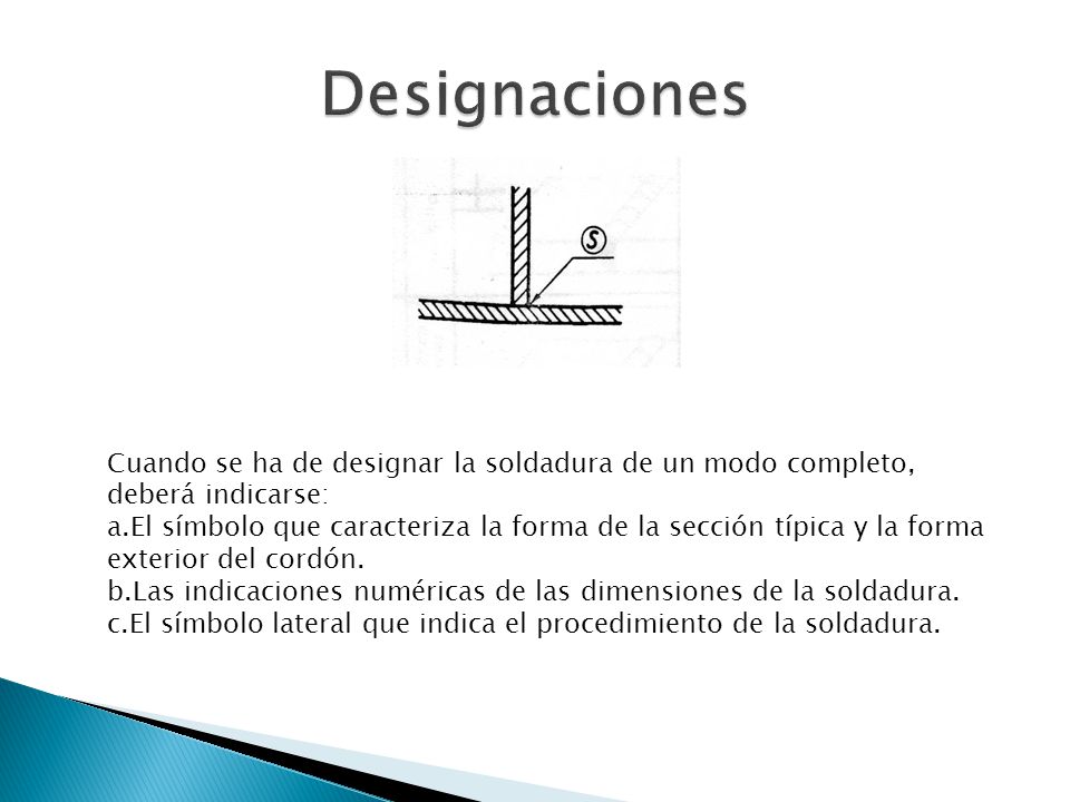 Designaciones Cuando se ha de designar la soldadura de un modo completo, deberá indicarse: