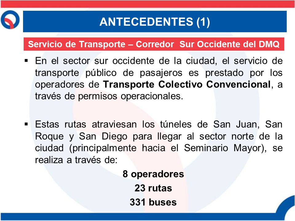 Servicio de Transporte – Corredor Sur Occidente del DMQ