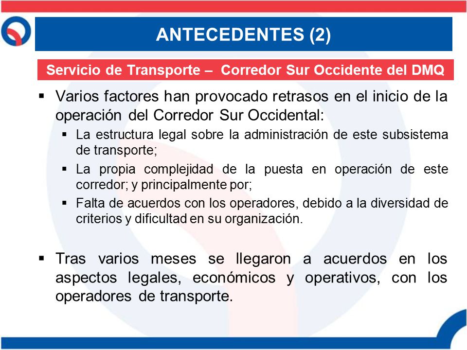 Servicio de Transporte – Corredor Sur Occidente del DMQ