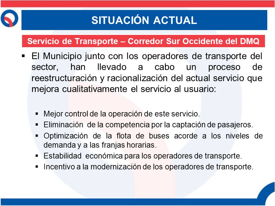Servicio de Transporte – Corredor Sur Occidente del DMQ
