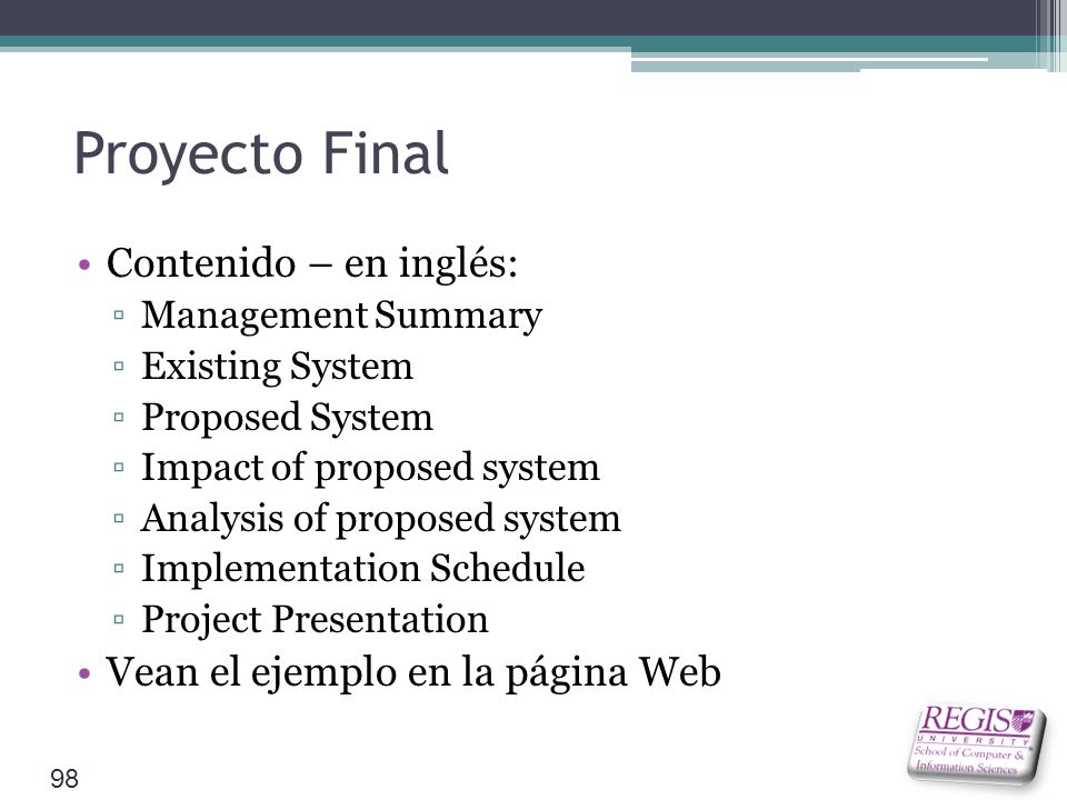 Proyecto Final Contenido – en inglés: Vean el ejemplo en la página Web
