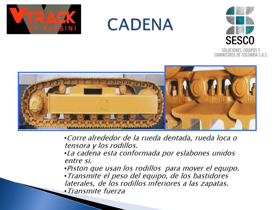 CADENA Corre alrededor de la rueda dentada, rueda loca o tensora y los rodillos. La cadena esta conformada por eslabones unidos entre si.