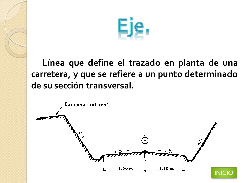 Eje. Línea que define el trazado en planta de una carretera, y que se refiere a un punto determinado de su sección transversal.