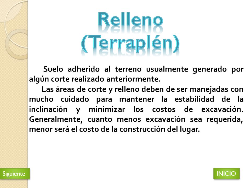 Relleno (Terraplén) Suelo adherido al terreno usualmente generado por algún corte realizado anteriormente.