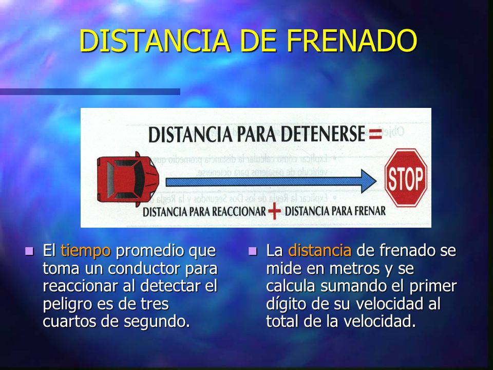 DISTANCIA DE FRENADO El tiempo promedio que toma un conductor para reaccionar al detectar el peligro es de tres cuartos de segundo.