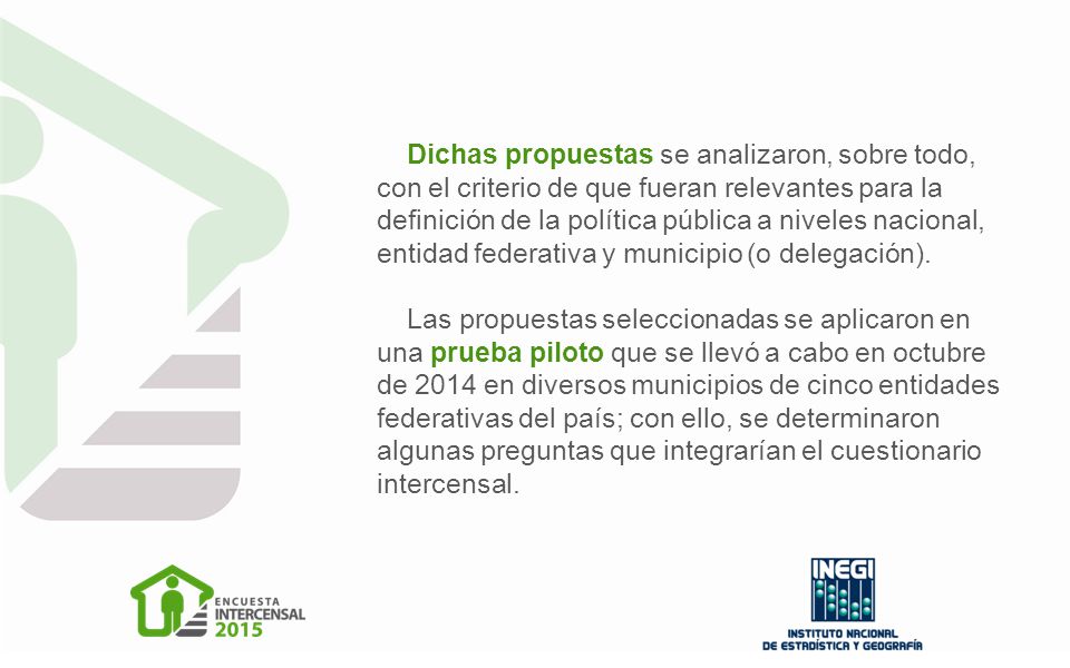 Dichas propuestas se analizaron, sobre todo, con el criterio de que fueran relevantes para la definición de la política pública a niveles nacional, entidad federativa y municipio (o delegación).