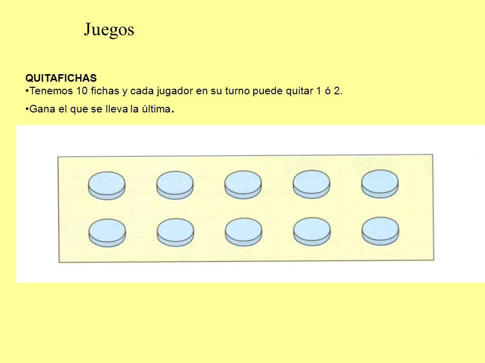 Juegos QUITAFICHAS. Tenemos 10 fichas y cada jugador en su turno puede quitar 1 ó 2.