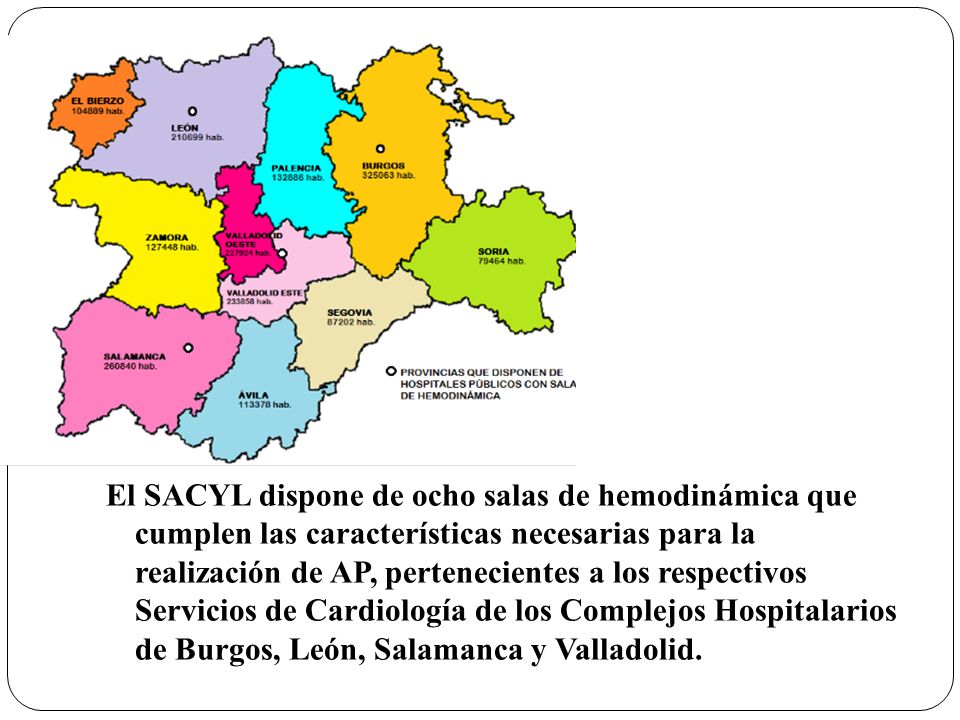 El SACYL dispone de ocho salas de hemodinámica que cumplen las características necesarias para la realización de AP, pertenecientes a los respectivos Servicios de Cardiología de los Complejos Hospitalarios de Burgos, León, Salamanca y Valladolid.