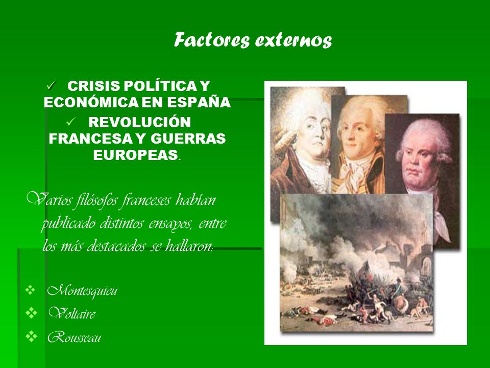 Factores externos CRISIS POLÍTICA Y ECONÓMICA EN ESPAÑA. REVOLUCIÓN FRANCESA Y GUERRAS EUROPEAS.