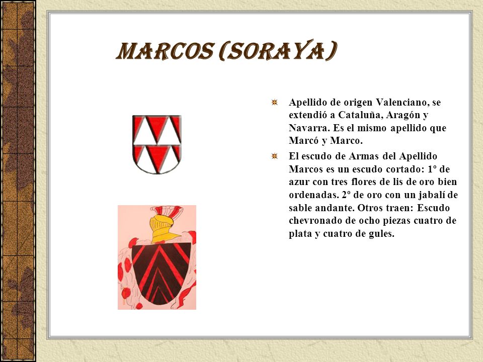 Marcos (soraya) Apellido de origen Valenciano, se extendió a Cataluña, Aragón y Navarra. Es el mismo apellido que Marcó y Marco.