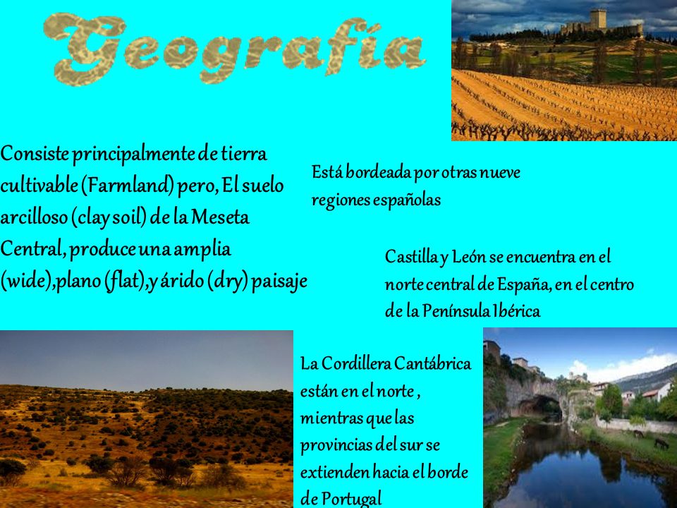 Consiste principalmente de tierra cultivable (Farmland) pero, El suelo arcilloso (clay soil) de la Meseta Central, produce una amplia (wide),plano (flat),y árido (dry) paisaje