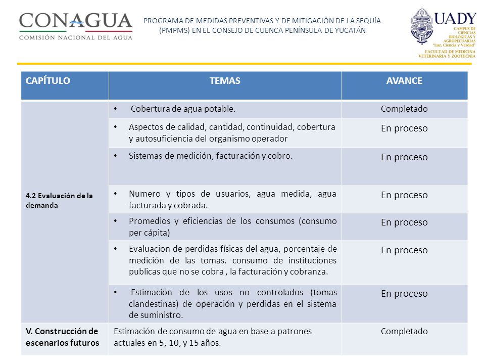 CAPÍTULO TEMAS AVANCE En proceso Cobertura de agua potable. Completado