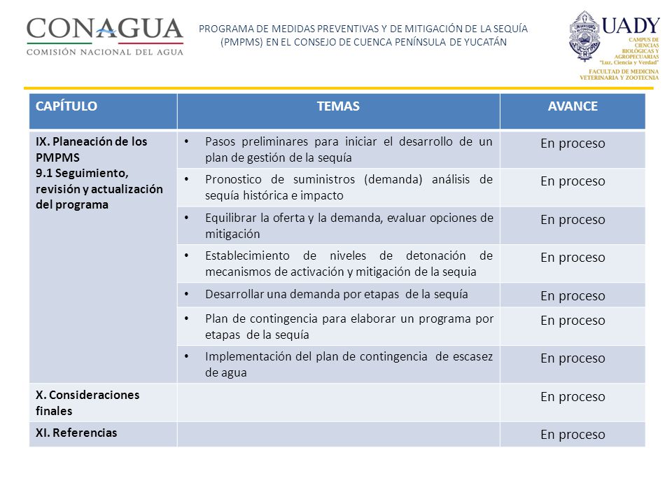 CAPÍTULO TEMAS AVANCE En proceso IX. Planeación de los PMPMS