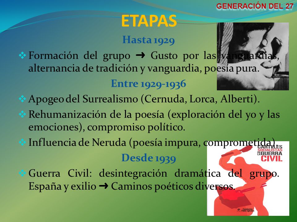 GENERACIÓN DEL 27 ETAPAS. Hasta Formación del grupo ➜ Gusto por las vanguardias, alternancia de tradición y vanguardia, poesía pura.