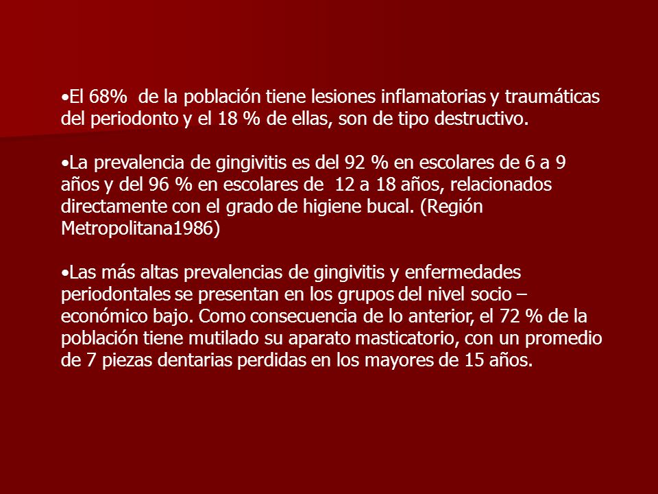 El 68% de la población tiene lesiones inflamatorias y traumáticas del periodonto y el 18 % de ellas, son de tipo destructivo.