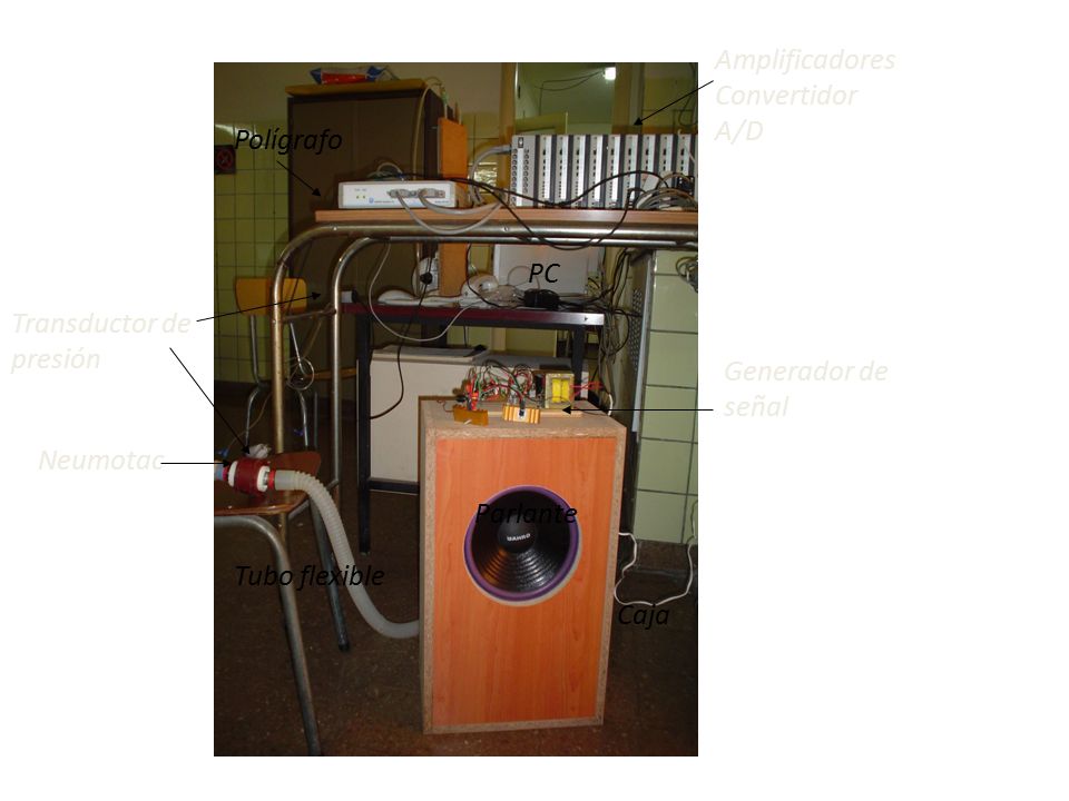 Amplificadores Convertidor A/D. Polígrafo. PC. Transductor de presión. Generador de señal. Neumotac.