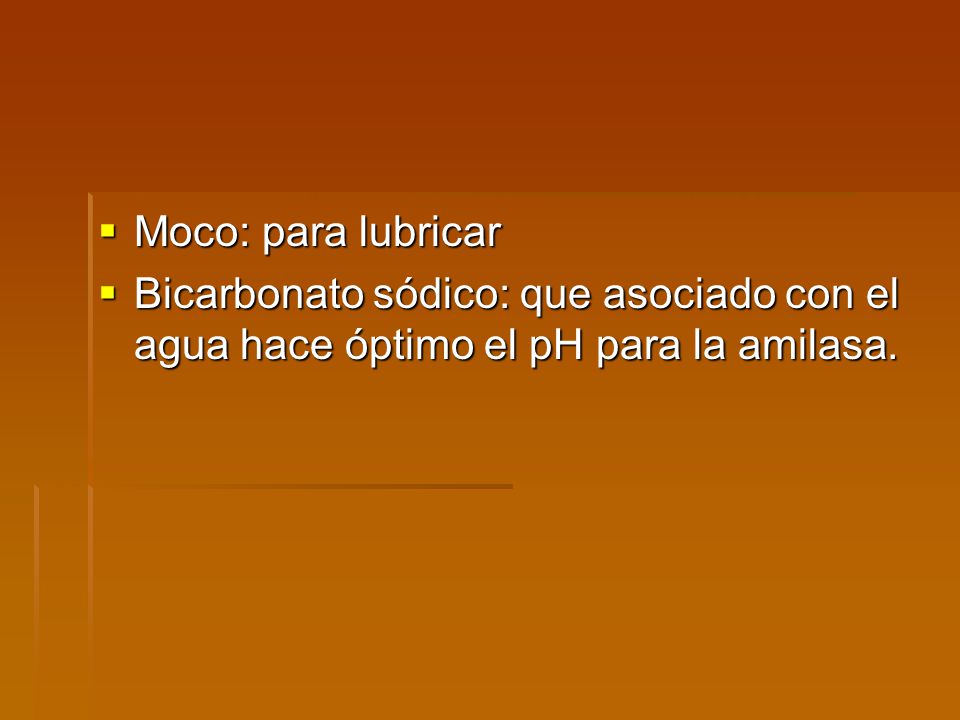 Moco: para lubricar Bicarbonato sódico: que asociado con el agua hace óptimo el pH para la amilasa.