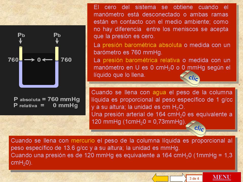 El cero del sistema se obtiene cuando el manómetro está desconectado o ambas ramas están en contacto con el medio ambiente; como no hay diferencia entre los meniscos se acepta que la presión es cero.
