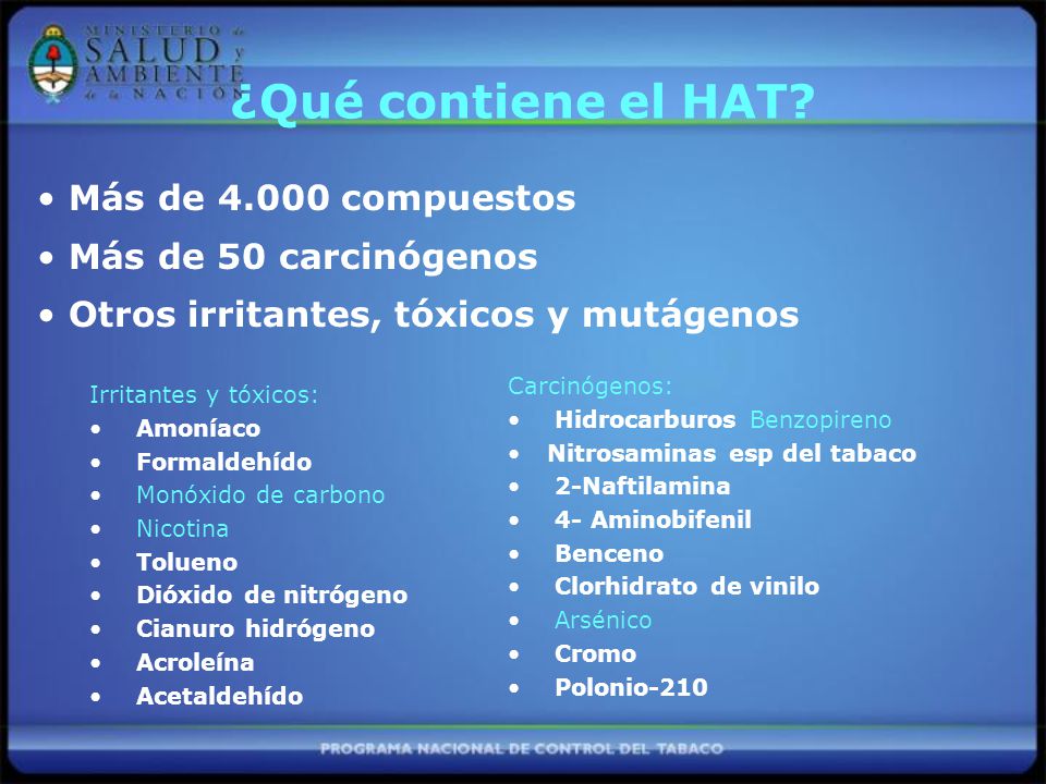 ¿Qué contiene el HAT Más de compuestos Más de 50 carcinógenos