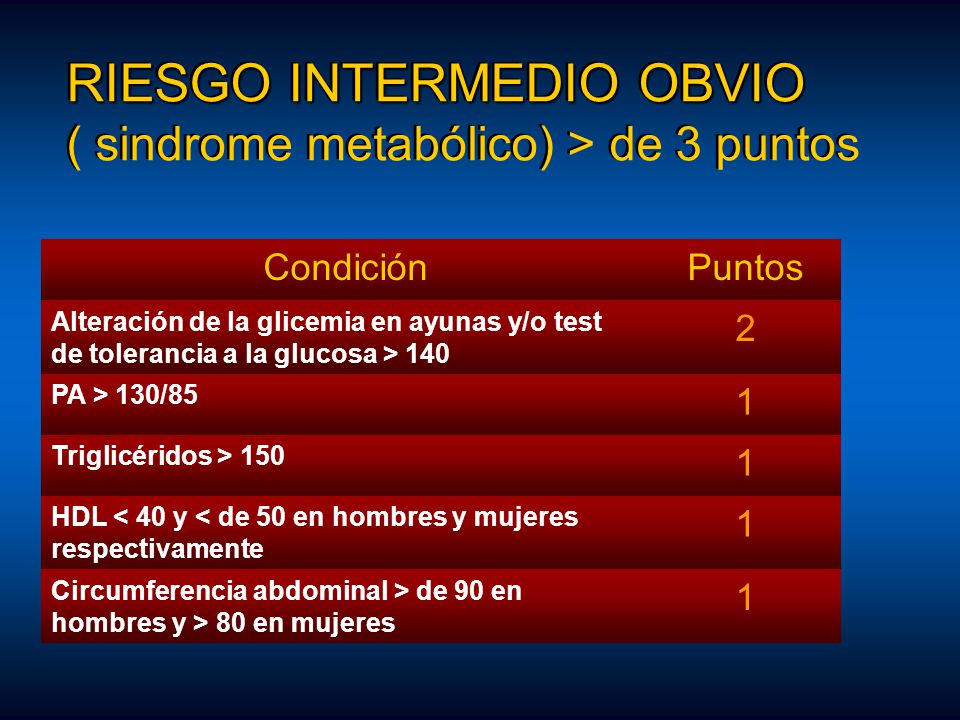 RIESGO INTERMEDIO OBVIO ( sindrome metabólico) > de 3 puntos