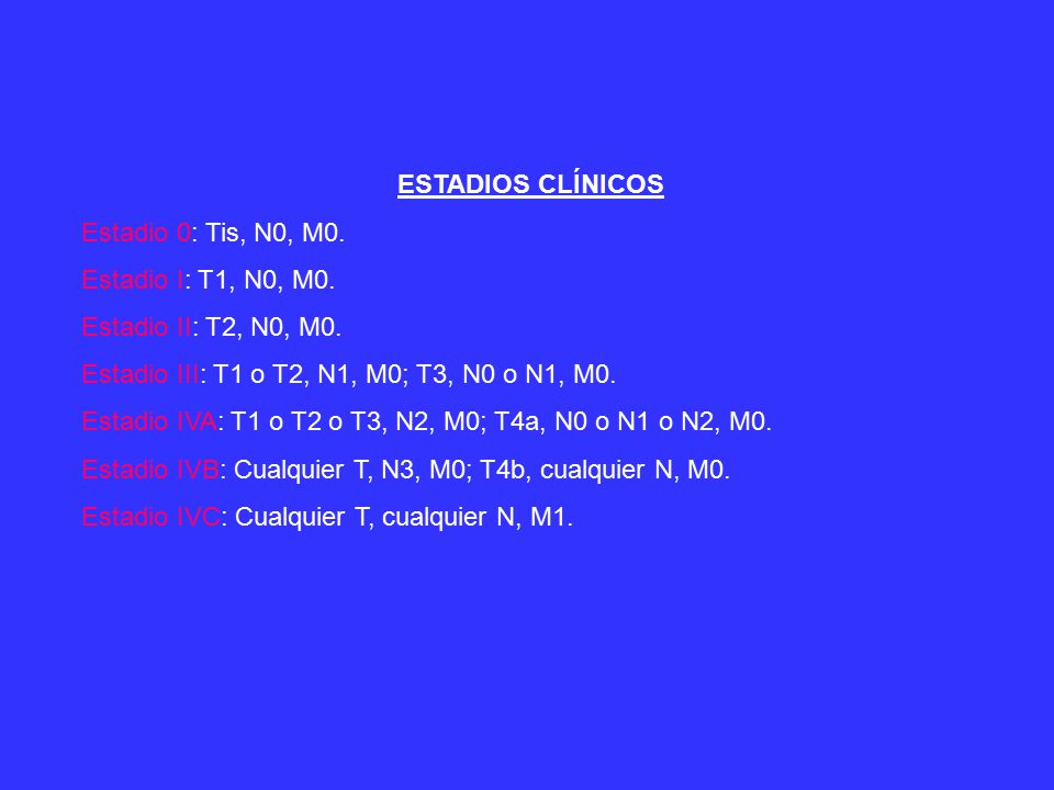 ESTADIOS CLÍNICOS Estadio 0: Tis, N0, M0. Estadio I: T1, N0, M0. Estadio II: T2, N0, M0. Estadio III: T1 o T2, N1, M0; T3, N0 o N1, M0.