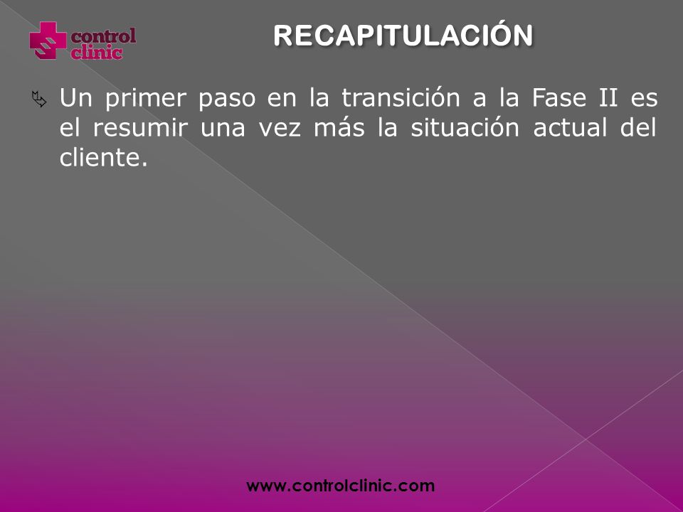 RECAPITULACIÓN Un primer paso en la transición a la Fase II es el resumir una vez más la situación actual del cliente.
