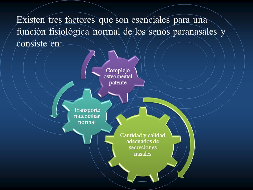 Existen tres factores que son esenciales para una función fisiológica normal de los senos paranasales y consiste en: