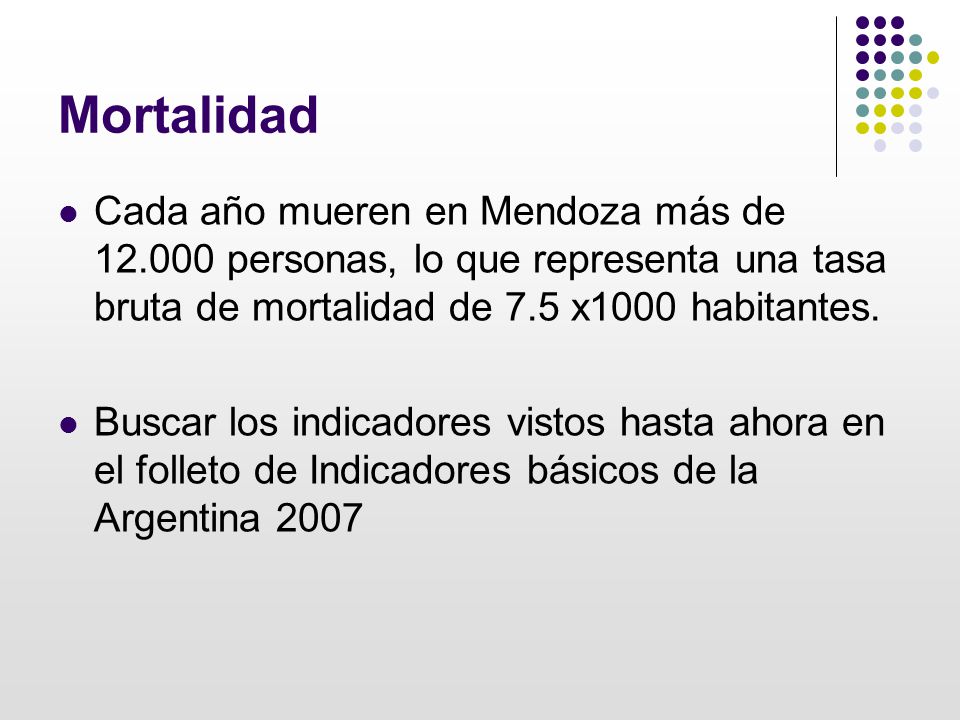 Mortalidad Cada año mueren en Mendoza más de personas, lo que representa una tasa bruta de mortalidad de 7.5 x1000 habitantes.