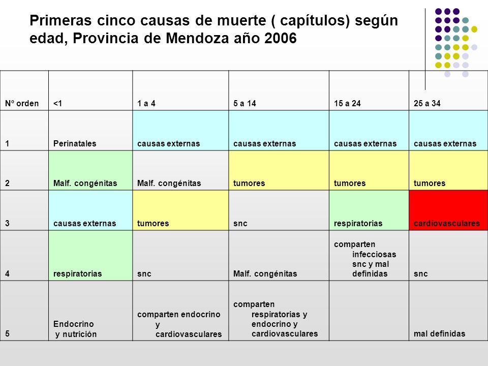 Primeras cinco causas de muerte ( capítulos) según edad, Provincia de Mendoza año 2006