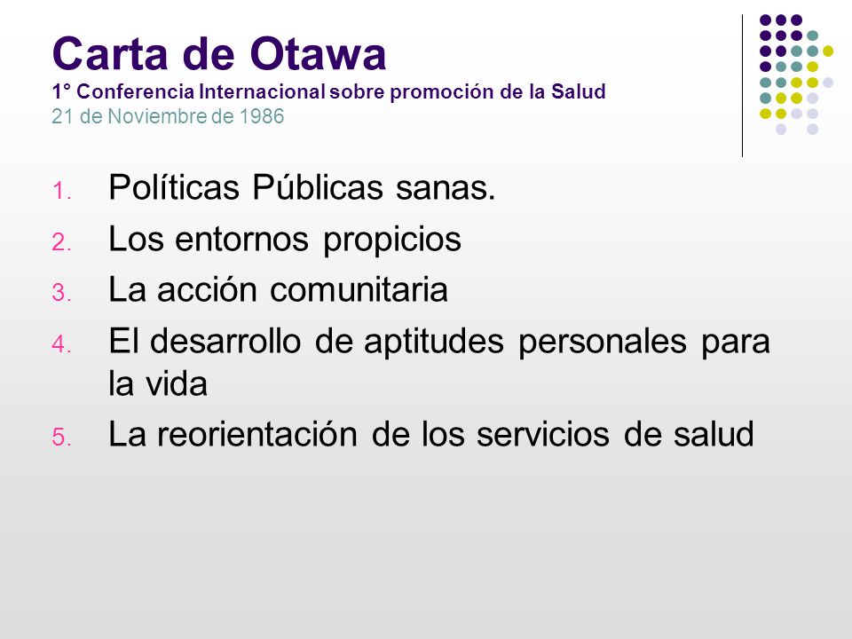 Carta de Otawa 1° Conferencia Internacional sobre promoción de la Salud 21 de Noviembre de 1986