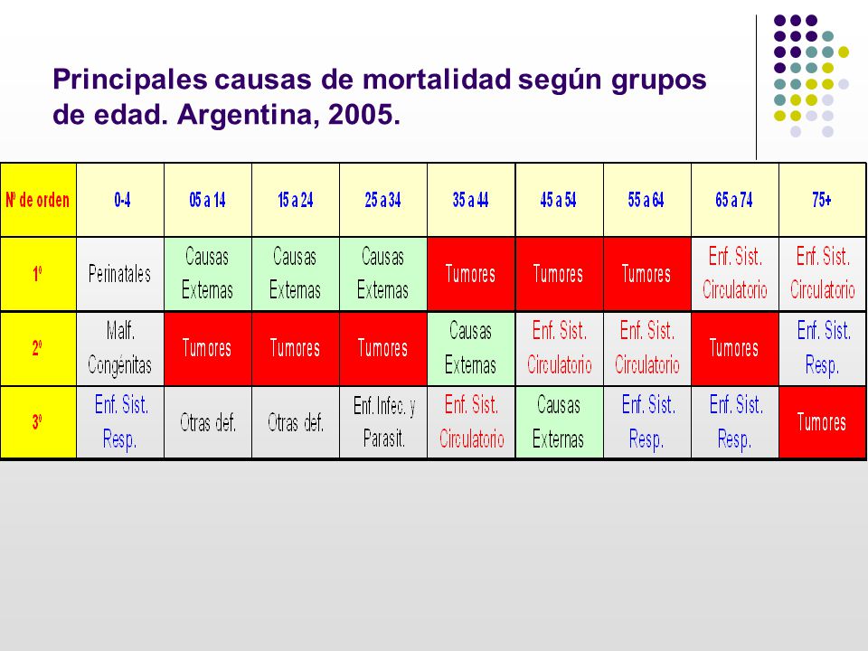 Principales causas de mortalidad según grupos de edad. Argentina, 2005.