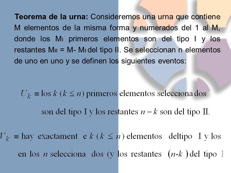 Teorema de la urna: Consideremos una urna que contiene M elementos de la misma forma y numerados del 1 al M, donde los MI primeros elementos son del tipo I y los restantes MII = M- MI del tipo II.