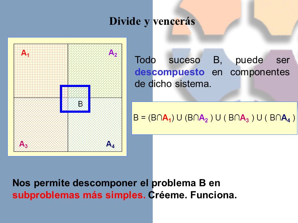Divide y vencerás A1. A2. Todo suceso B, puede ser descompuesto en componentes de dicho sistema. B.