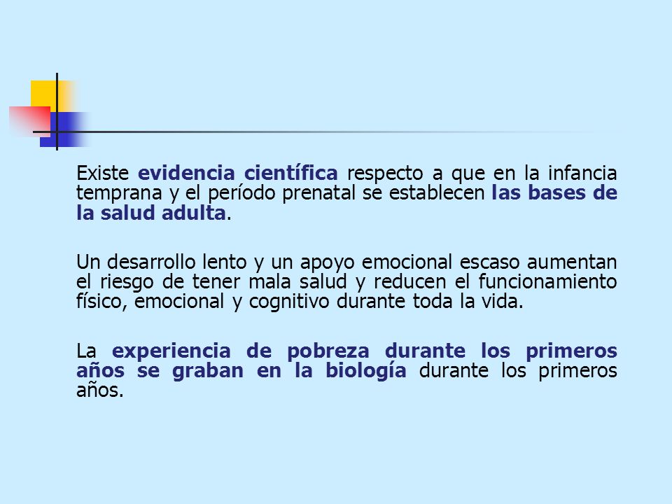 Existe evidencia científica respecto a que en la infancia temprana y el período prenatal se establecen las bases de la salud adulta.