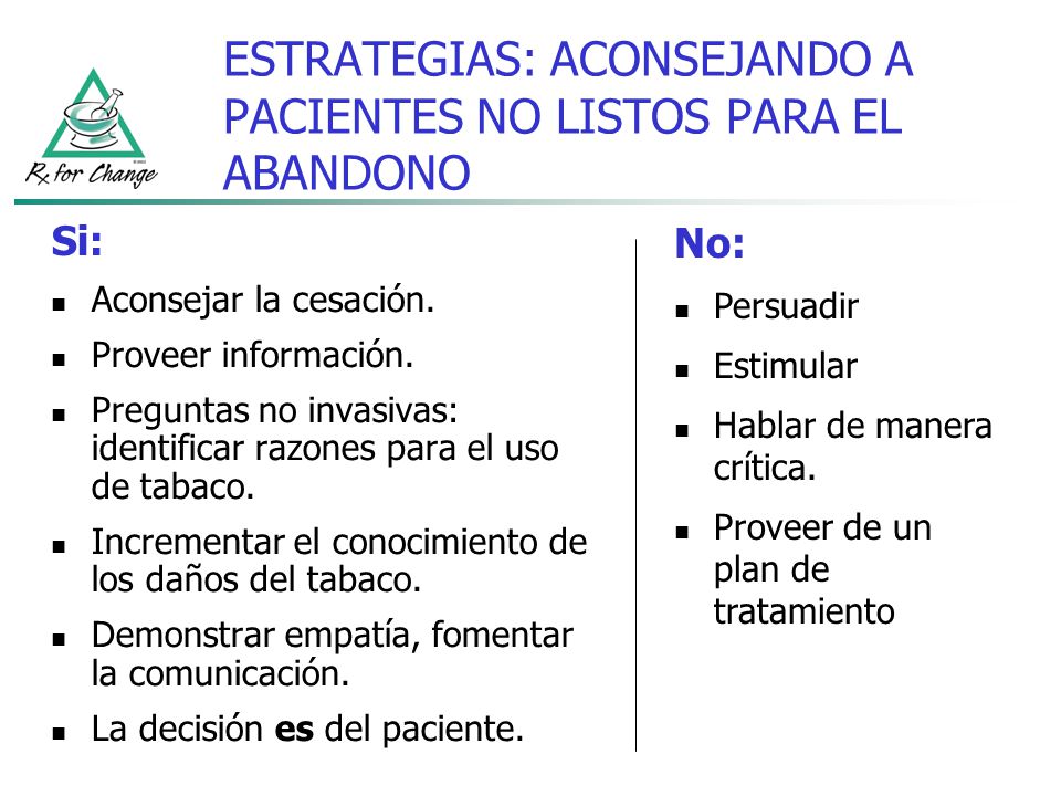 ESTRATEGIAS: ACONSEJANDO A PACIENTES NO LISTOS PARA EL ABANDONO
