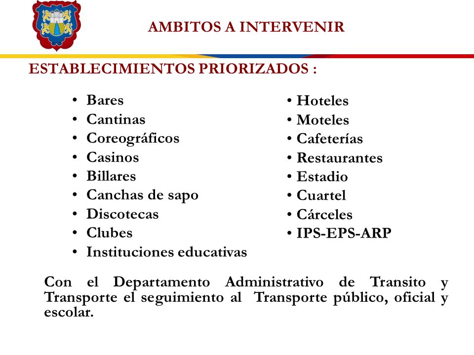 AMBITOS A INTERVENIR ESTABLECIMIENTOS PRIORIZADOS : Bares. Cantinas. Coreográficos. Casinos. Billares.