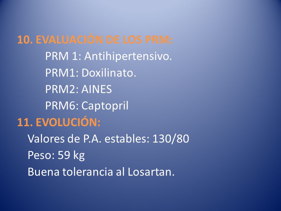 10. EVALUACIÓN DE LOS PRM: PRM 1: Antihipertensivo. PRM1: Doxilinato